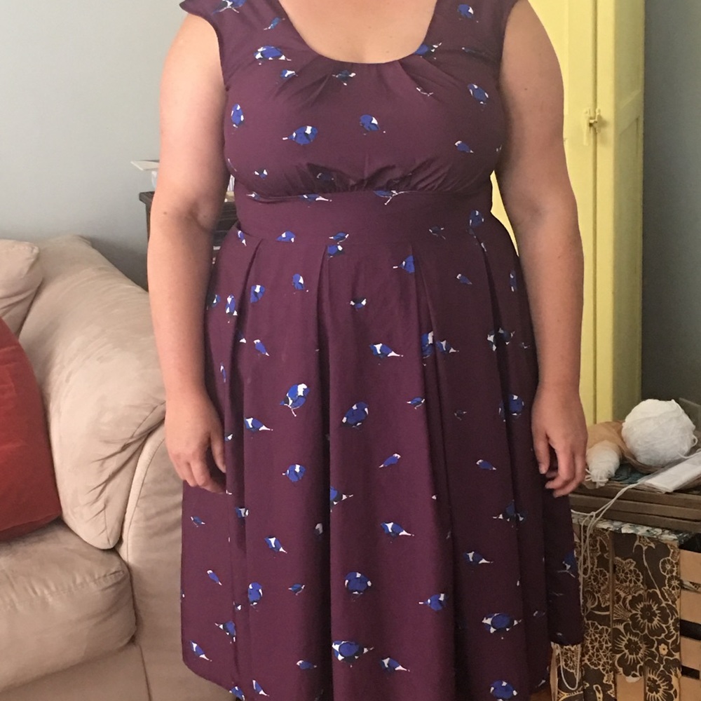 Purple/bird Chelsea dress with cap sleeves